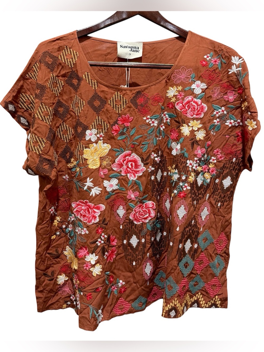 Savanna Jane Top Womens 1X Terracotta Embroidered Boho Floral Western Blouse NWT